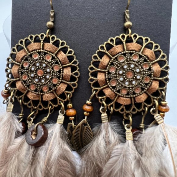 Boho Feather Dreamcatcher Dangle Statement Earrings - Picture 4 of 8